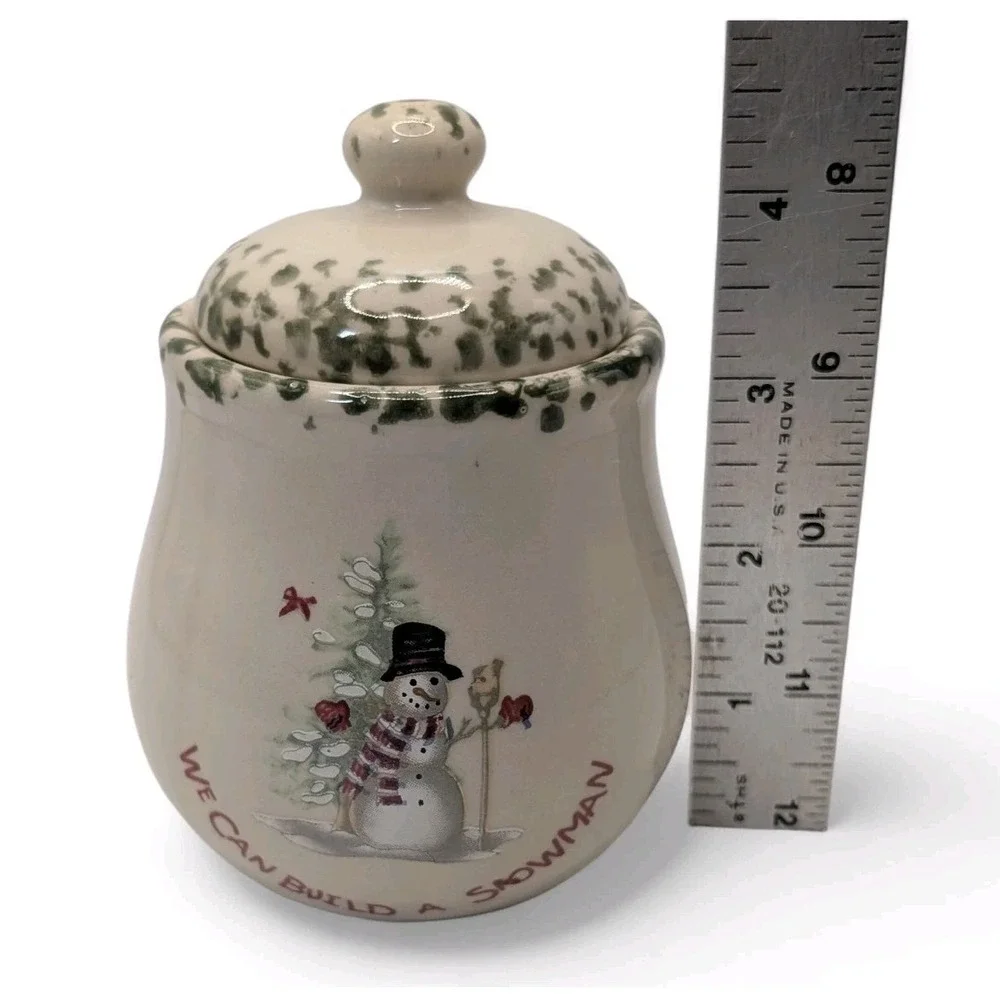 Vintage Sugar Bowl‎ with Lid We Can Build a Snowman Green Sponge Painting SEE